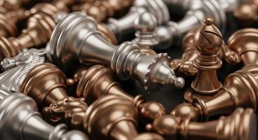 Pile of metallic silver and bronze chess pieces symbolizing strategy and competition photo