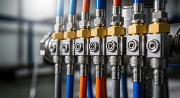 Close up view of colorful industrial pneumatic hoses and quick connect fittings on machinery photo