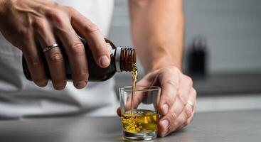 Man hand pouring golden oil from a bottle into a small glass shot for health supplement photo