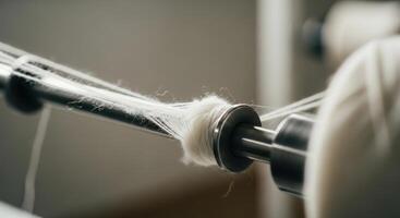 White yarn being wound on a textile machine in a factory production process photo