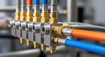 Close up of industrial hoses and brass connectors on a pneumatic manifold system photo