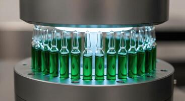 Green liquid ampoules on a rotating machine in a sterile pharmaceutical laboratory photo