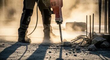 Construction worker uses a heavy jackhammer to break concrete on a dusty site photo
