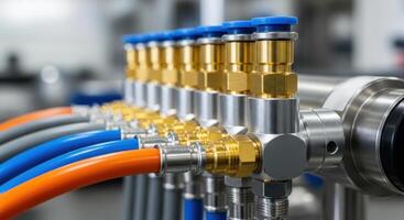 Close up of industrial pneumatic hydraulic system with hoses and fittings photo