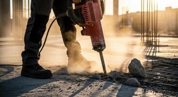 Construction worker using a jackhammer to break concrete on a dusty building site. photo