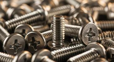 A close up view of many silver metal screws, with one standing out from the pile. photo