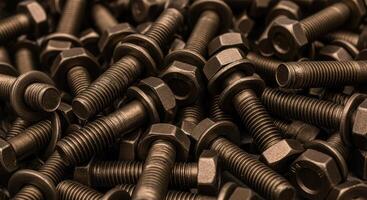 Close up view of a pile of new metal bolts with nuts and washers for industrial use. photo