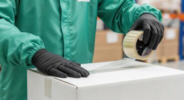 Worker in cleanroom suit sealing a white cardboard box with tape for shipping photo