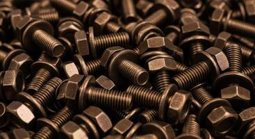 Close up of a pile of metallic bolts, nuts, and washers for industrial use photo