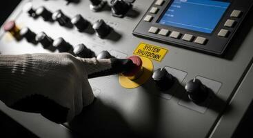 Gloved hand pressing a red emergency stop button on an industrial control panel for system shutdown. photo