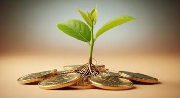 Green plant with roots growing from a pile of gold coins symbolizing financial growth photo