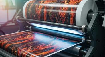 Close up of a large format industrial printing machine producing vibrant abstract designs photo