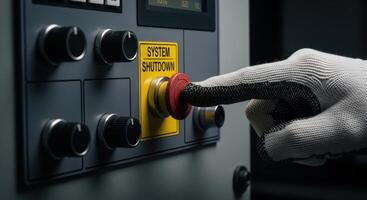 Gloved hand pressing red emergency system shutdown button on industrial control panel photo