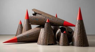 Rusted metal missile cones with red tips and a broken sphere on a studio floor photo