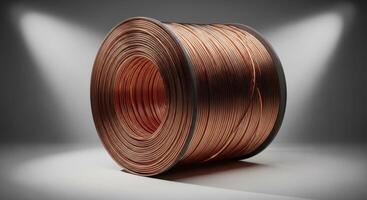 Large coiled copper wire spool for industrial and electrical applications on a studio background photo