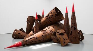 Abstract rusted metal sculpture with red pointed cones in a minimalist gallery exhibition photo