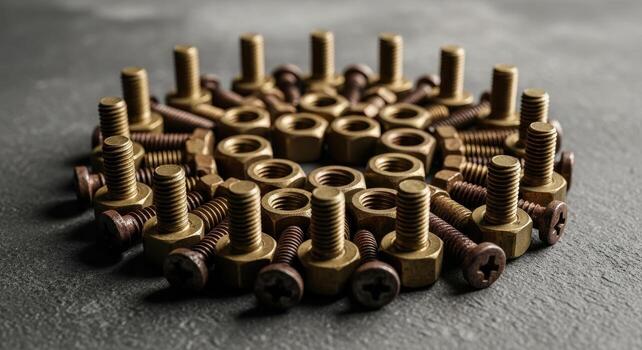 Brass nuts and screws arranged in a circular pattern on a dark textured surface. photo