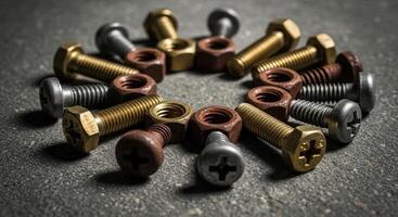 Close up of various metal nuts and bolts arranged in a circle on a dark textured surface. photo