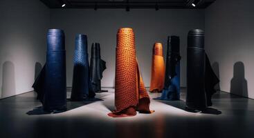 Collection of various colored textured material rolls displayed in a modern gallery setting photo