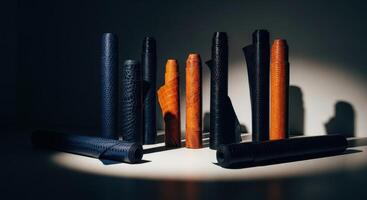 Rolls of exotic textured leather material in dark blue, black, and orange brown photo
