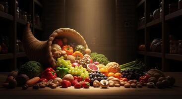 Cornucopia overflowing with fresh fruits, vegetables, and nuts on a dark background photo
