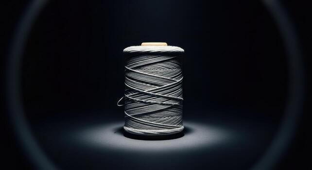 Spool of gray thread or rope illuminated by spotlight on dark background photo