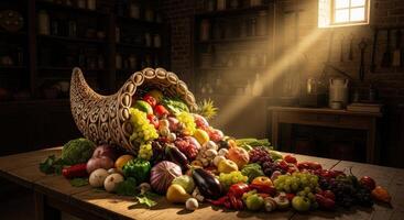 Cornucopia overflowing with fresh fruits and vegetables on a rustic wooden table photo