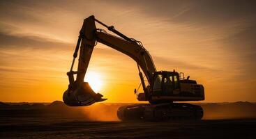 Heavy construction excavator machine working at a dusty site during golden sunset. photo