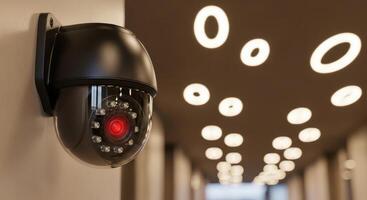Modern black dome security camera with red light for indoor surveillance photo
