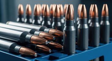 Close up of rifle ammunition showing copper tipped bullets and dark grey casings in a tray photo
