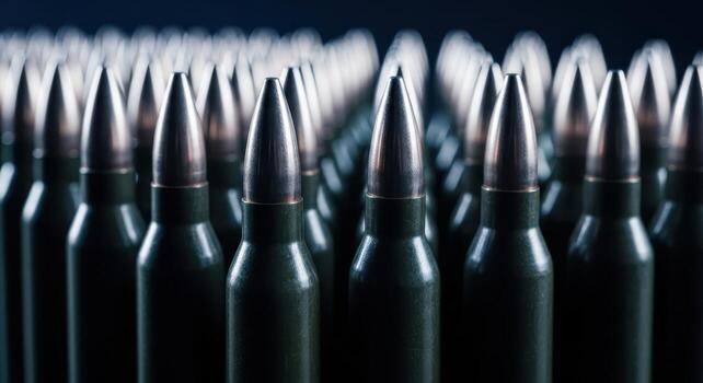 Close up view of numerous green rifle bullets standing upright, symbolizing military power and conflict photo