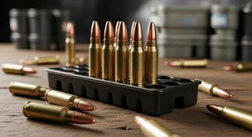Close up of rifle ammunition cartridges in a tray and scattered on a wooden table. photo