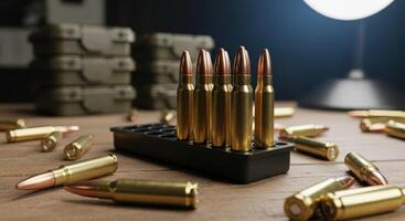 Close up of rifle bullets and ammunition cartridges on a wooden table with cases photo