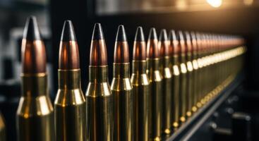 Row of rifle bullets and ammunition cartridges with brass and copper tips photo