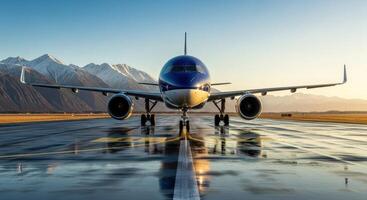 Commercial jet airplane on a wet airport runway with snowy mountains at golden hour. photo