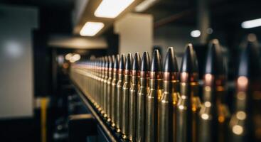 Close up of rifle bullets on a production line in an ammunition manufacturing factory photo