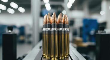 Rifle cartridges on a production line in an industrial ammunition manufacturing facility photo