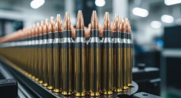 Ammunition production line with rows of rifle bullets in a factory setting photo