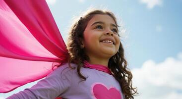 Smiling young girl in a pink superhero cape looking up at the bright blue sky photo