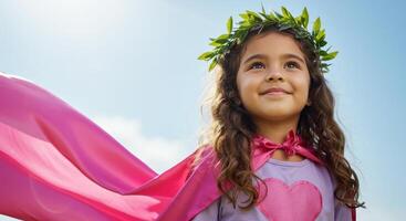 Hopeful young girl wearing a pink superhero cape and leafy wreath looking up at the sky. photo