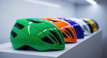 Colorful bicycle helmets displayed in a modern retail store for cycling safety photo