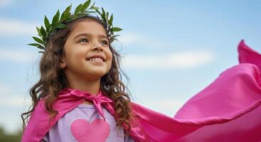 Confident young girl dressed as a superhero with a leaf crown looking towards the future photo