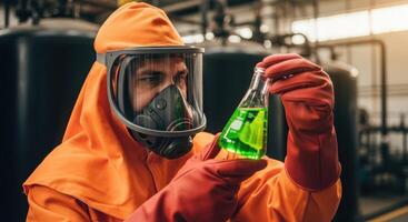 Man in orange protective suit and gas mask holding a flask with green chemical liquid photo