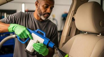 Man in green gloves deep cleaning a beige car seat with specialized equipment. photo