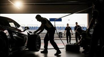 Pit crew making a fast tire change on a race car in a garage during a race event photo