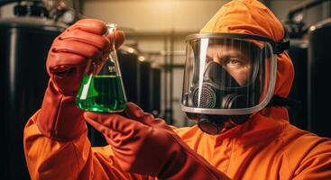 Man in hazmat suit holding chemical flask for experiment in industrial setting photo