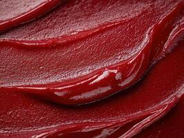 Glossy, rich red fruit spread texture close up photo