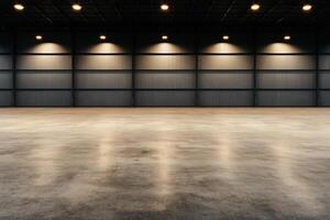 Vast empty warehouse interior with concrete floor and lights photo