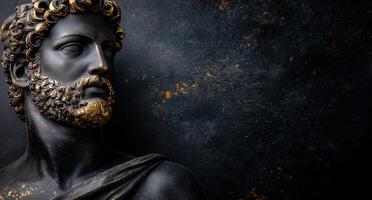 Dramatic statue of a bearded man against a dark background photo