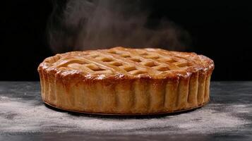 Golden brown apple pie with lattice crust steaming photo
